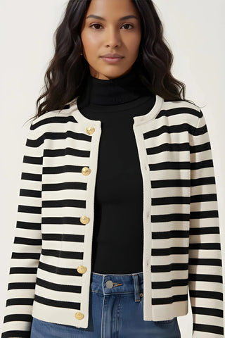 Button Up Woolen Striped Lady Cardigan SandSet