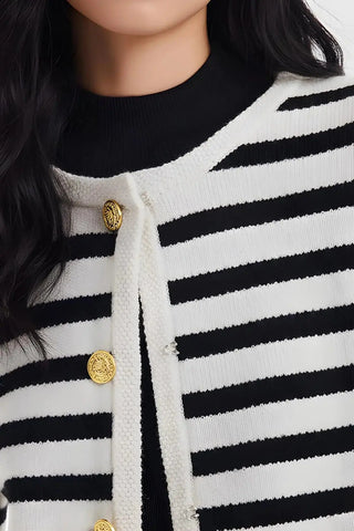 Button Up Woolen Striped Lady Cardigan SandSet