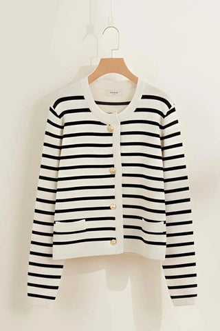 Button Up Woolen Striped Lady Cardigan SandSet
