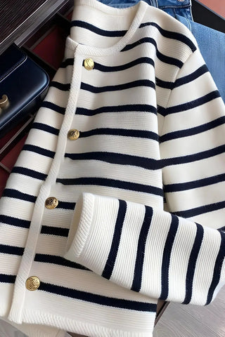 Button Up Woolen Striped Lady Cardigan SandSet
