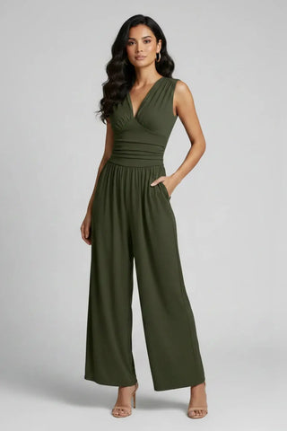 Chic Ruched V-Neck Ribbed Sleeveless Jumpsuit SandSet