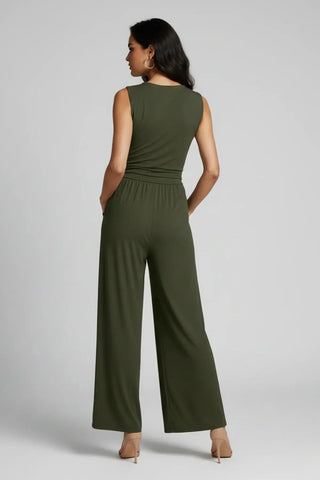 Chic Ruched V-Neck Ribbed Sleeveless Jumpsuit SandSet
