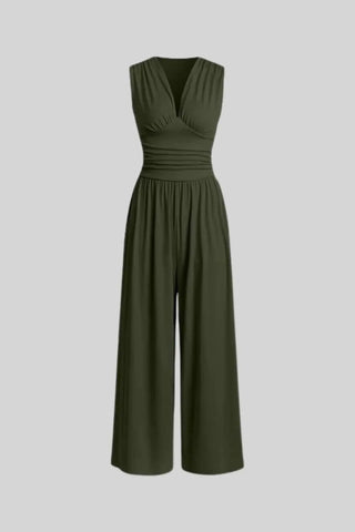 Chic Ruched V-Neck Ribbed Sleeveless Jumpsuit SandSet