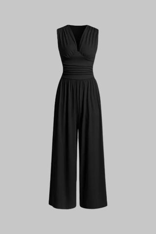 Chic Ruched V-Neck Ribbed Sleeveless Jumpsuit SandSet