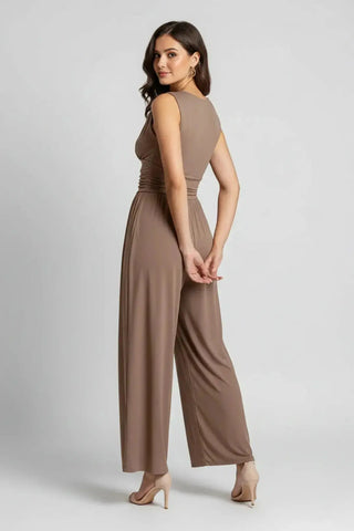 Chic Ruched V-Neck Ribbed Sleeveless Jumpsuit SandSet