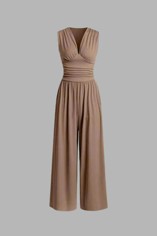 Chic Ruched V-Neck Ribbed Sleeveless Jumpsuit SandSet