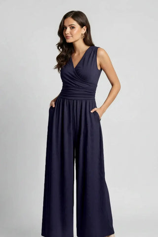 Chic Ruched V-Neck Ribbed Sleeveless Jumpsuit SandSet