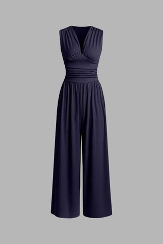 Chic Ruched V-Neck Ribbed Sleeveless Jumpsuit SandSet