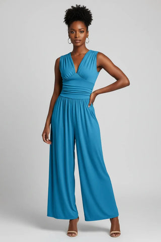 Chic Ruched V-Neck Ribbed Sleeveless Jumpsuit SandSet