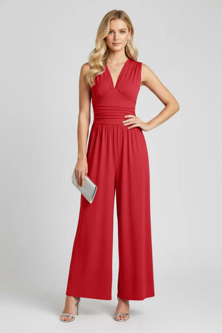 Chic Ruched V-Neck Ribbed Sleeveless Jumpsuit SandSet