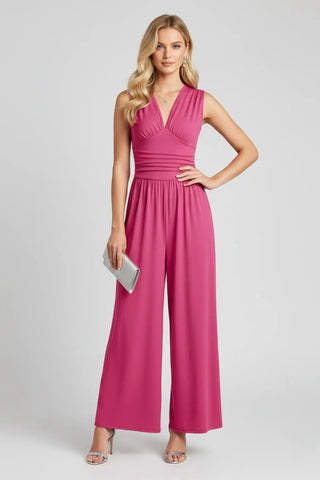 Chic Ruched V-Neck Ribbed Sleeveless Jumpsuit SandSet