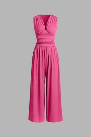 Chic Ruched V-Neck Ribbed Sleeveless Jumpsuit SandSet
