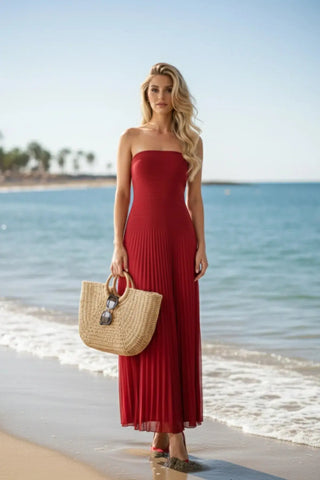 Chic Strapless Slim-Fit Ribbed Knit Maxi Dress SandSet
