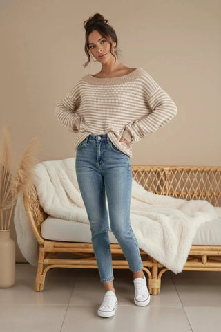Cozy Cotton-Knit Drop Shoulder Striped Sweater SandSet