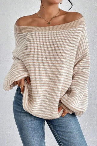 Cozy Cotton-Knit Drop Shoulder Striped Sweater SandSet