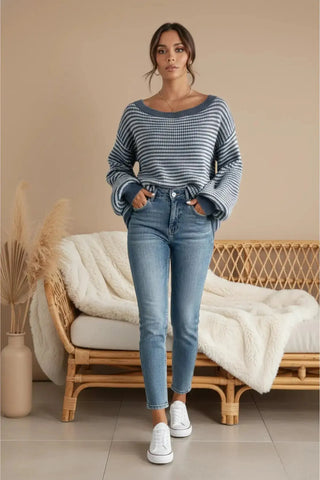 Cozy Cotton-Knit Drop Shoulder Striped Sweater SandSet