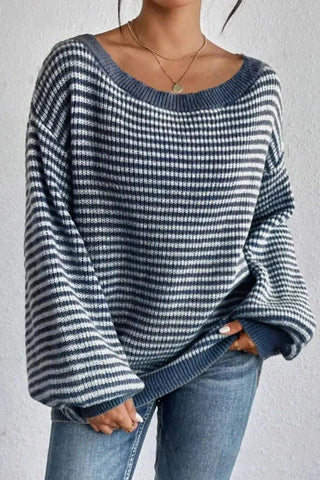 Cozy Cotton-Knit Drop Shoulder Striped Sweater SandSet