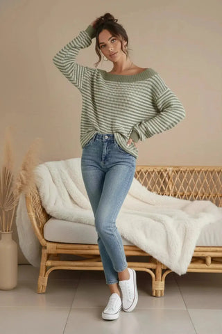 Cozy Cotton-Knit Drop Shoulder Striped Sweater SandSet