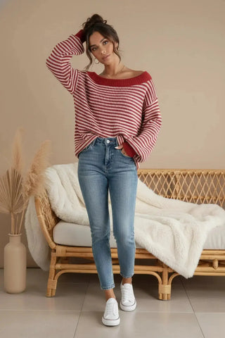 Cozy Cotton-Knit Drop Shoulder Striped Sweater SandSet