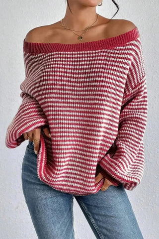 Cozy Cotton-Knit Drop Shoulder Striped Sweater SandSet