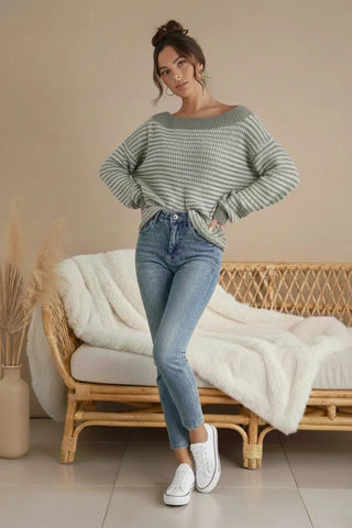 Cozy Cotton-Knit Drop Shoulder Striped Sweater SandSet