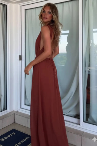 Elegant Deep V-Neck Lace-Up Wide-Leg Jumpsuit SandSet
