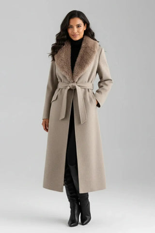 Elegant Faux Fur Collar Belted Long Coat SandSet
