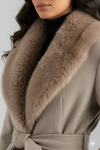 Elegant Faux Fur Collar Belted Long Coat SandSet