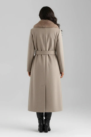 Elegant Faux Fur Collar Belted Long Coat SandSet