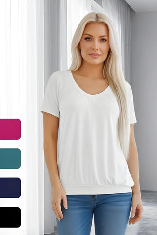 Elegant Pleated V-Neck Short Sleeve Blouse SandSet