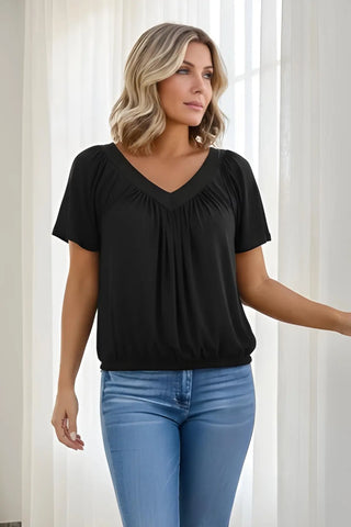 Elegant Pleated V-Neck Short Sleeve Blouse SandSet