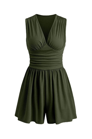 Elegant Ruched Deep V-Neck Sleeveless Romper SandSet