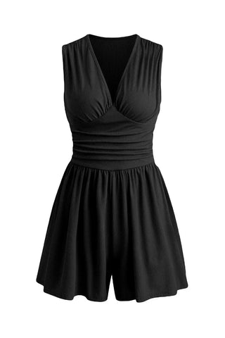 Elegant Ruched Deep V-Neck Sleeveless Romper SandSet