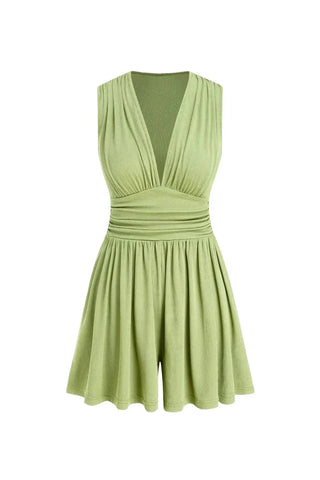 Elegant Ruched Deep V-Neck Sleeveless Romper SandSet