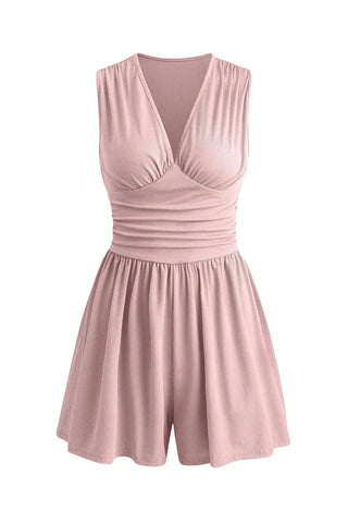 Elegant Ruched Deep V-Neck Sleeveless Romper SandSet