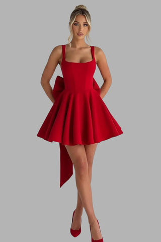 Graceful Square-Neck Bow Detail A-Line Mini Dress SandSet