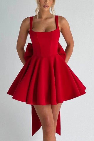 Graceful Square-Neck Bow Detail A-Line Mini Dress SandSet