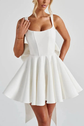 Graceful Square-Neck Bow Detail A-Line Mini Dress SandSet