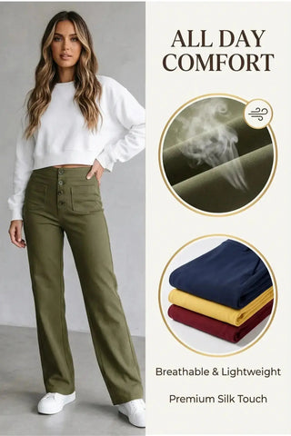High-Waisted Sweatpants, Casual Straight Leg, Elastic Button SandSet