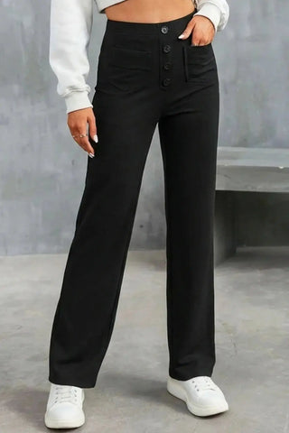 High-Waisted Sweatpants, Casual Straight Leg, Elastic Button SandSet