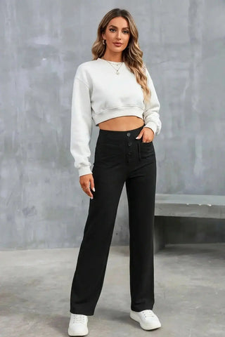 High-Waisted Sweatpants, Casual Straight Leg, Elastic Button SandSet