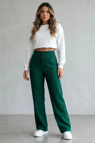 High-Waisted Sweatpants, Casual Straight Leg, Elastic Button SandSet