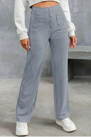 High-Waisted Sweatpants, Casual Straight Leg, Elastic Button SandSet