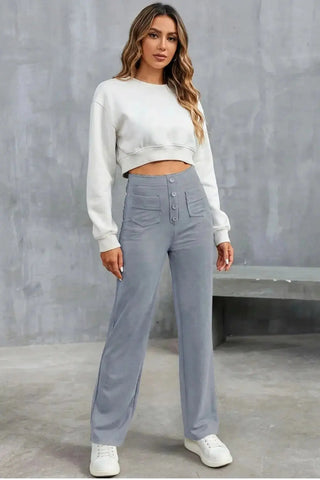 High-Waisted Sweatpants, Casual Straight Leg, Elastic Button SandSet