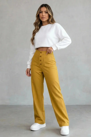 High-Waisted Sweatpants, Casual Straight Leg, Elastic Button SandSet