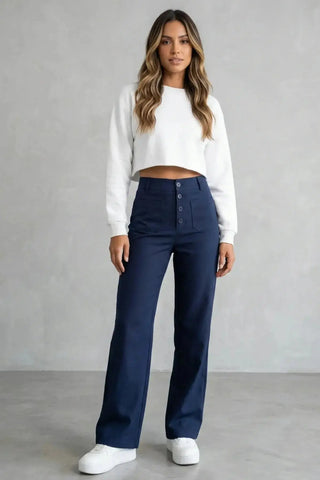 High-Waisted Sweatpants, Casual Straight Leg, Elastic Button SandSet