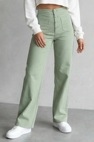 High-Waisted Sweatpants, Casual Straight Leg, Elastic Button SandSet