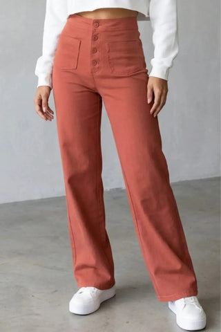 High-Waisted Sweatpants, Casual Straight Leg, Elastic Button SandSet