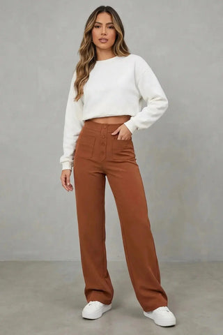 High-Waisted Sweatpants, Casual Straight Leg, Elastic Button SandSet