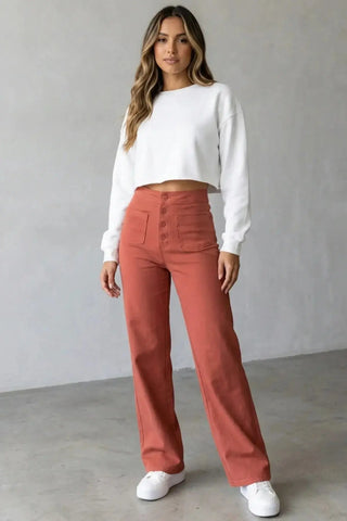 High-Waisted Sweatpants, Casual Straight Leg, Elastic Button SandSet
